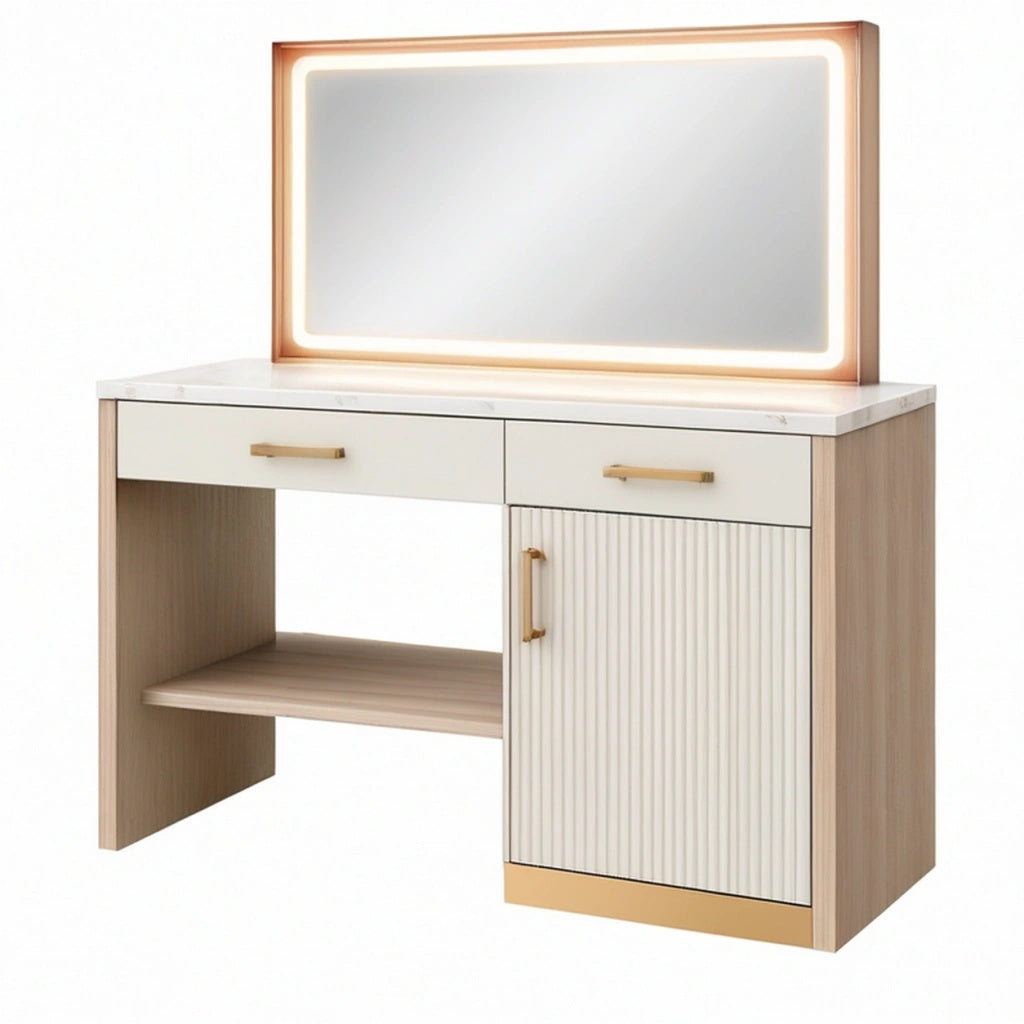 Toaletka 100 x 45 x 140 cm z lustrem LED biała i jasnodrewniana do sypialni