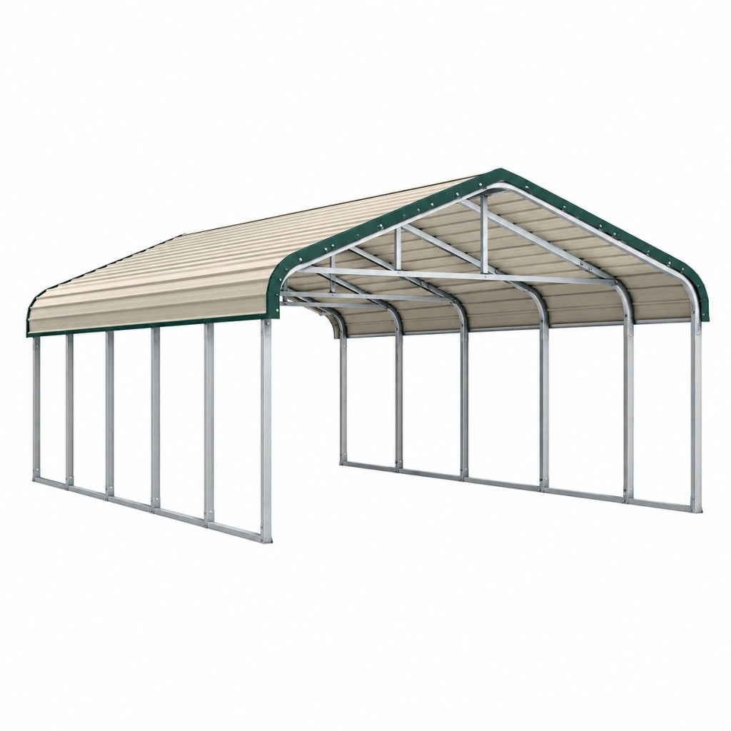 Wiata garażowa 600 x 300 x 270 cm stalowa beżowo-zielona z dachem dwuspadowym