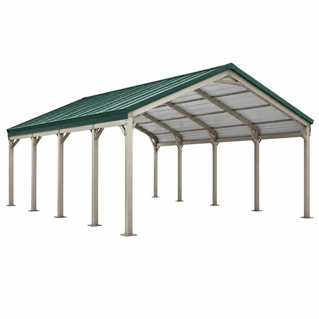 Wiata samochodowa 600 x 300 x 270 cm stalowa biało-zielona z dachem dwuspadowym