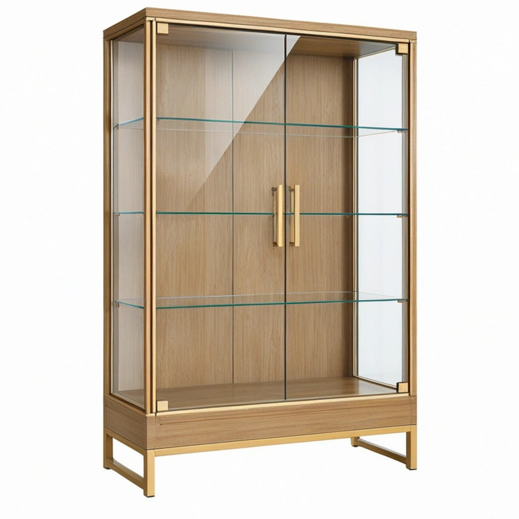 Witryna 90 x 40 x 180 cm z drewna i szkła w kolorze naturalnego drewna ze złotymi detalami - styl nowoczesny