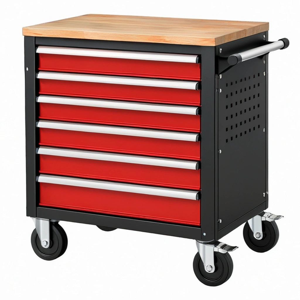 Mobilna szafka narzędziowa 77 x 46 x 96 cm stal czarno-czerwona z drewnianym blatem i 7 szufladami
